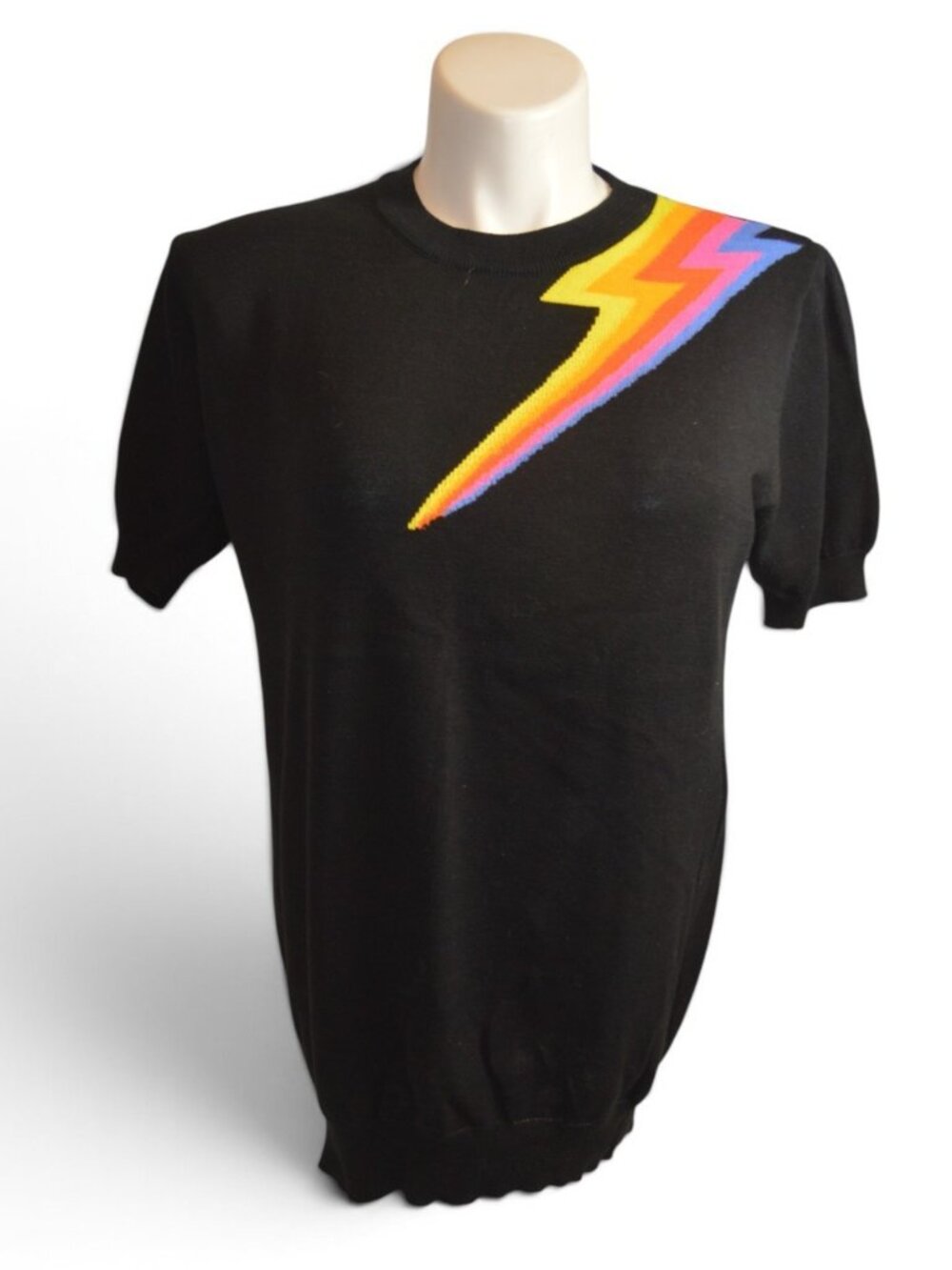OXKNIT Women's 2XL Black Rainbow Lightning Bolt Knit Sweater 100% Cotton